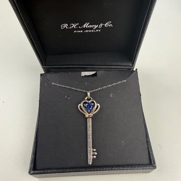 Macys Womens Sterling Silver 10K Gold Lab Grown Garnet Diamond Key Pendant - Picture 6 of 8